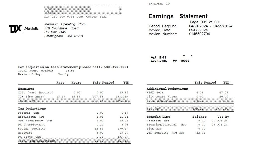 Marshalls Pay Stubs & W2s